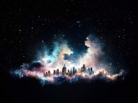 A cityscape of illuminated buildings appears to float within a vibrant nebula, set against a backdrop of a dark, star-filled sky. - Powered by Adobe