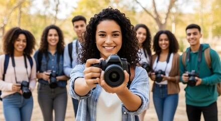 A Group of Diverse Young People Exploring Photography Together Outdoors