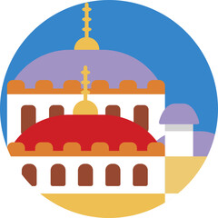 A traditional Moroccan mosque with a square minaret and arched doorway.