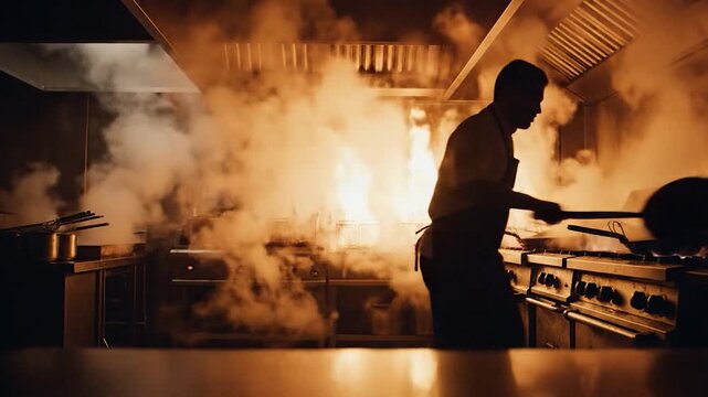 Professional chef cooking with fire and smoke in commercial kitchen