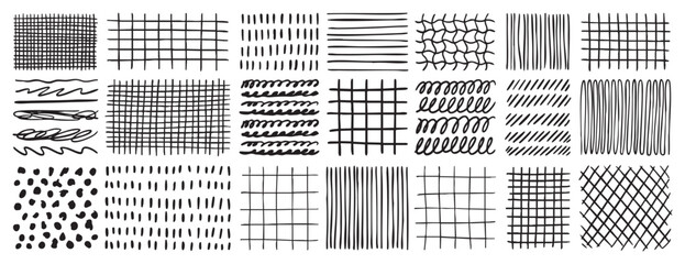 Hand drawn grids patterns set. Doodle pencil texture collection. Abstract line backgrounds for design
