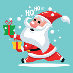 Cool mascot of a cheerful running Santa Claus with gifts