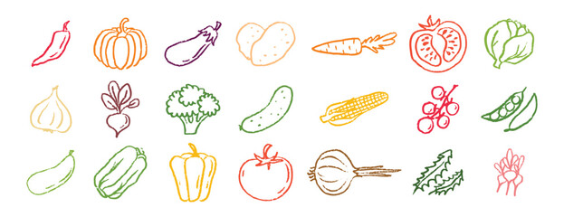 Vegetables icons chalk hand drawn doodle set. Drawing crayon vegetables 
