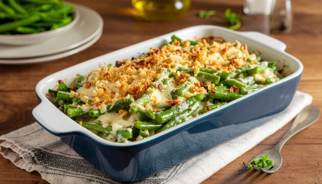Bubbling green bean casserole topped with golden crispy fried onions fresh from oven in ceramic baking dish