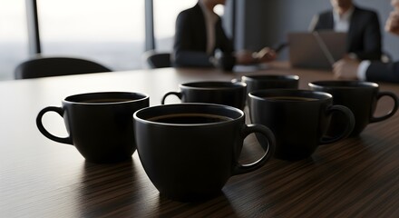 Coffee Break Team Meeting, Black Mugs on Table with Professionals