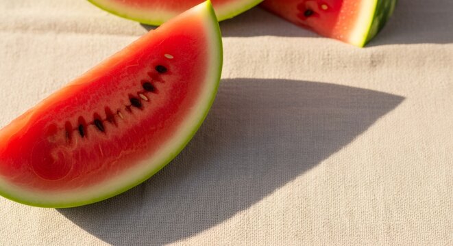 Vibrant watermelon wedges casting dramatic shadows on neutral linen fabric during golden hour lighting