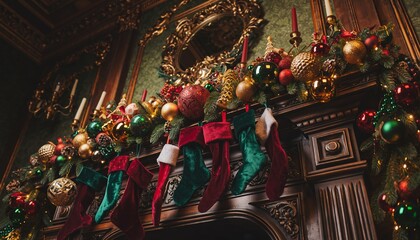 Ornate Victorian Fireplace Adorned with Luxurious Christmas Garland and Colorful Stockings in Elegant Historic Interior