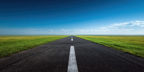 Long straight runway through green grass under clear blue sky with distant horizon and scattered clouds conveying calm openness and travel possibility