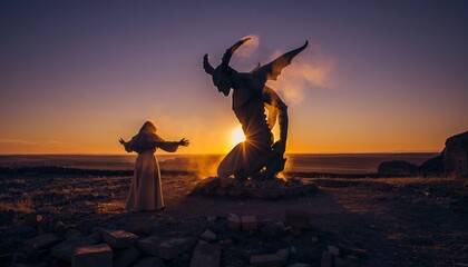 Obraz premium Solitary Gregorian monk witnesses dramatic supernatural manifestation during golden hour desert meditation