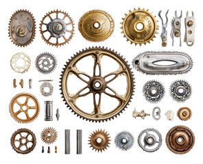 Detailed close-up of various gears and mechanical components.  Different sizes, shapes, and finishes of metal gears, sprockets, and other parts, arranged in grid format. 