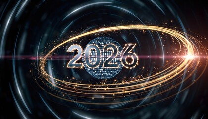 Spinning disco ball with glowing 2026 numbers surrounded by dynamic light trails and golden particle effects