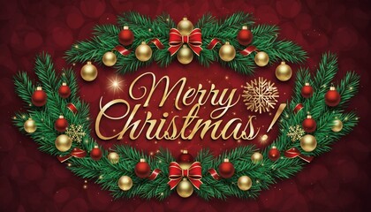 Luxurious Golden Script Merry Christmas Greeting Surrounded by Festive Pine Garland with Red and Gold Ornaments