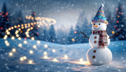 Whimsical snowman wearing vibrant knitted hat celebrates winter holidays amid twinkling fairy lights and gentle snowfall