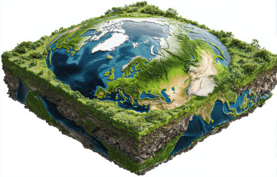 Floating square earth cross section with grassy surface, ocean basin, mountain range, island, coastline, soil layer, rock strata