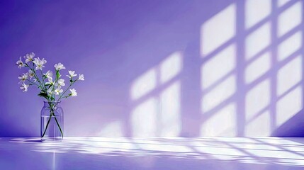 A simple arrangement of white flowers in a clear glass vase sits on a purple surface, illuminated by sunlight filtering through a window, creating a pattern of