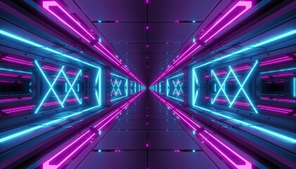 Futuristic abstract corridor with vibrant neon lighting creating infinite perspective tunnel effect