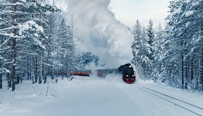 Vintage locomotive powers through pristine winter wonderland with dramatic steam clouds against snow-laden evergreen forest