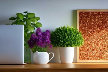 A modern desk setup featuring a laptop, a tall green plant, purple flowers in a white vase, a round green plant in a white pot, and a framed piece of art with a