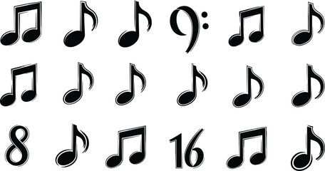 Collection of hand drawn musical notes in black ink isolated on white background