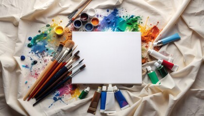 Vibrant watercolor paints scattered around blank canvas with professional brushes in creative workspace flatlay arrangement