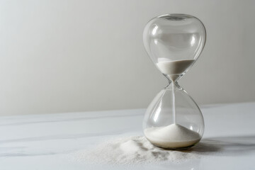 Hourglass sand timer time passing countdown hourglass on marble surface with spilling sand conveying urgency and reflection