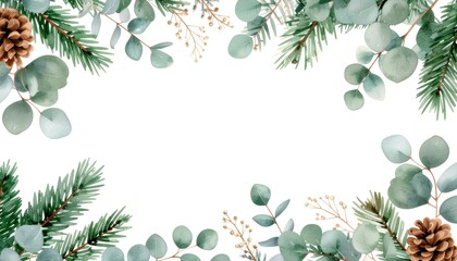 Delicate watercolor eucalyptus and pine branches frame white background with golden berries and natural pinecones