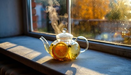 Steaming Glass Teapot with Golden Citrus Herbal Tea on Sunlit Windowsill Creating Peaceful Morning Atmosphere