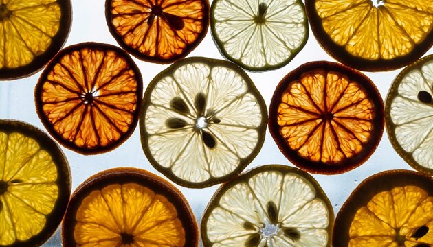 Translucent citrus wheels creating luminous stained glass patterns against bright studio lighting backdrop