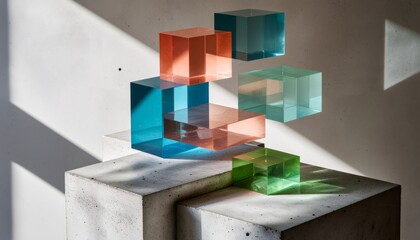 Vibrant translucent geometric cubes creating prismatic light effects on minimalist concrete display pedestals