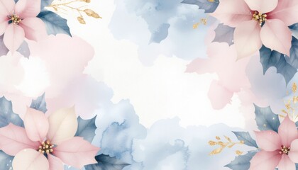 Delicate watercolor floral border with blush pink blooms and golden accents on soft cream textured paper background