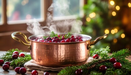 Steaming copper pot bubbles with festive cranberry sauce garnished with fresh rosemary and evergreen sprigs