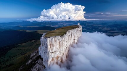 A dramatic landscape featuring a sheer white cliff face, topped with a small white building, emerging from a sea of clouds.
