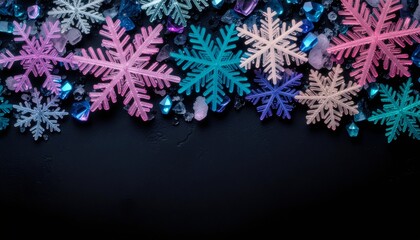 Iridescent holographic snowflakes and crystalline gems creating magical winter border on dark charcoal background