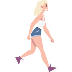 Pixel Art Blonde Woman Wearing White Tank Top and Denim Shorts Walking Outdoors