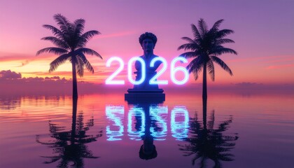 Glowing 2026 Neon Numbers Float Above Tranquil Tropical Waters with Classical Statue Silhouette at Vibrant Sunset