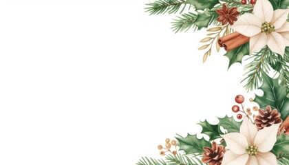 Watercolor Christmas botanical border featuring poinsettias, pine branches, holly leaves, and warm cinnamon spice elements on clean background