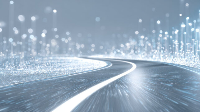 A bright curvy digital road winding into distance with glowing particles and light trails creating futuristic motion effect, atmospheric and dynamic mood