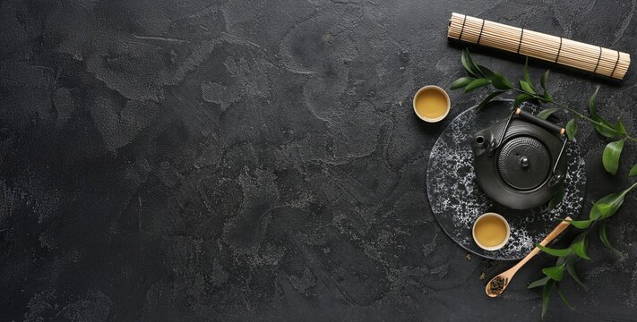 Teapot, cups of hot drink and bamboo mat on black background with space for text, top view