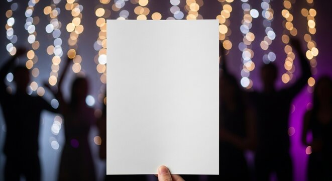 Blank white paper held amidst a vibrant, blurred background of people dancing at a festive celebration, offering a customizable space for announcements or invitations