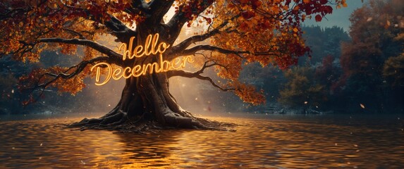 Enchanted December Greeting Illuminated Against Majestic Autumn Tree in Dreamlike Fantasy Landscape