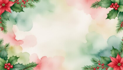 Vintage Watercolor Christmas Greeting Card Background with Holly Berries and Poinsettia Border Design