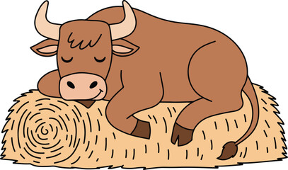 Cute Cartoon Bull Sleeping Peacefully on a Hay Bale