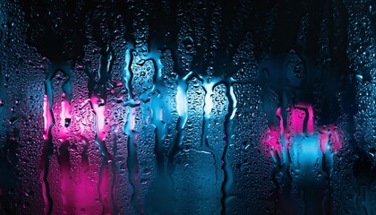 Rain soaked glass surface with neon pink and blue lights creating dramatic cinematic atmosphere