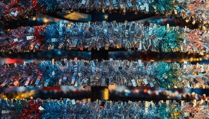 Sparkling metallic tinsel garlands create dazzling rainbow reflections across horizontal display shelves