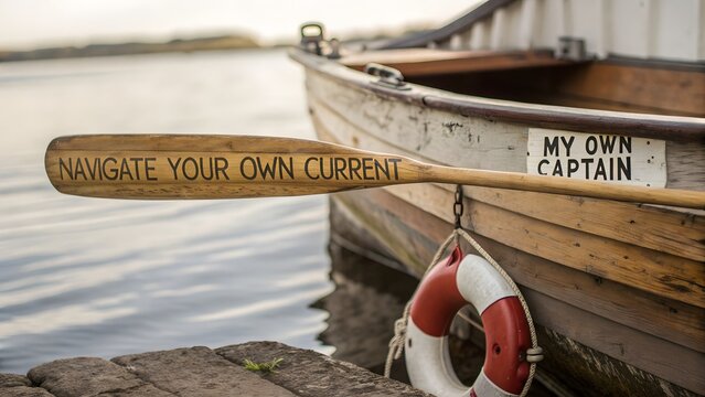Weathered oar resting against wooden boat near water with navigate your own current