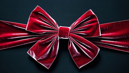 Vivid crimson velvet ribbon bow dramatically illuminated against deep teal backdrop for luxury holiday celebrations