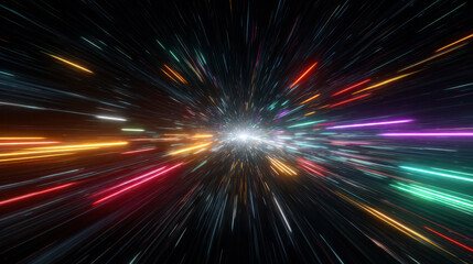 Vibrant light streak tunnel in motion radiating colorful streaks and glowing particles creating energetic futuristic speed effect