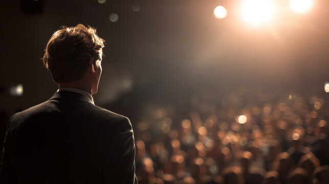 Confident male speaker in dark suit addressing large audience under stage lights, professional presentation atmosphere, warm spotlight glow