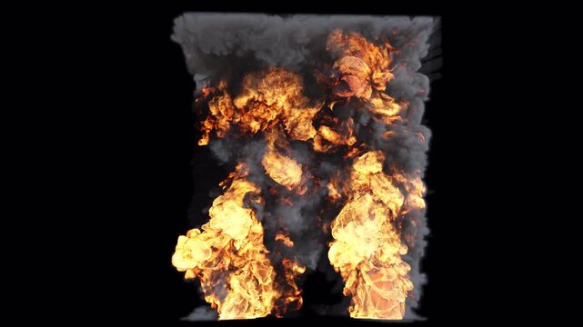 Two merging fire pillars on transparent background

two tall pillars of fire and smoke rising and merging together, rendered on transparent background with full alpha channel.

