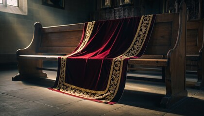 Ornate burgundy velvet ceremonial cope with golden embroidery draped elegantly across wooden church pew in atmospheric lighting